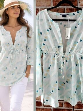 Parrot Print ISLAND COMPANY Coastal BEACHY LINEN TUNIC Empire TOP Women's SIZE L